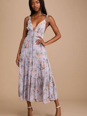 Lulu's Everlasting Sight Lavender Floral Print Tie-Strap Midi Dress